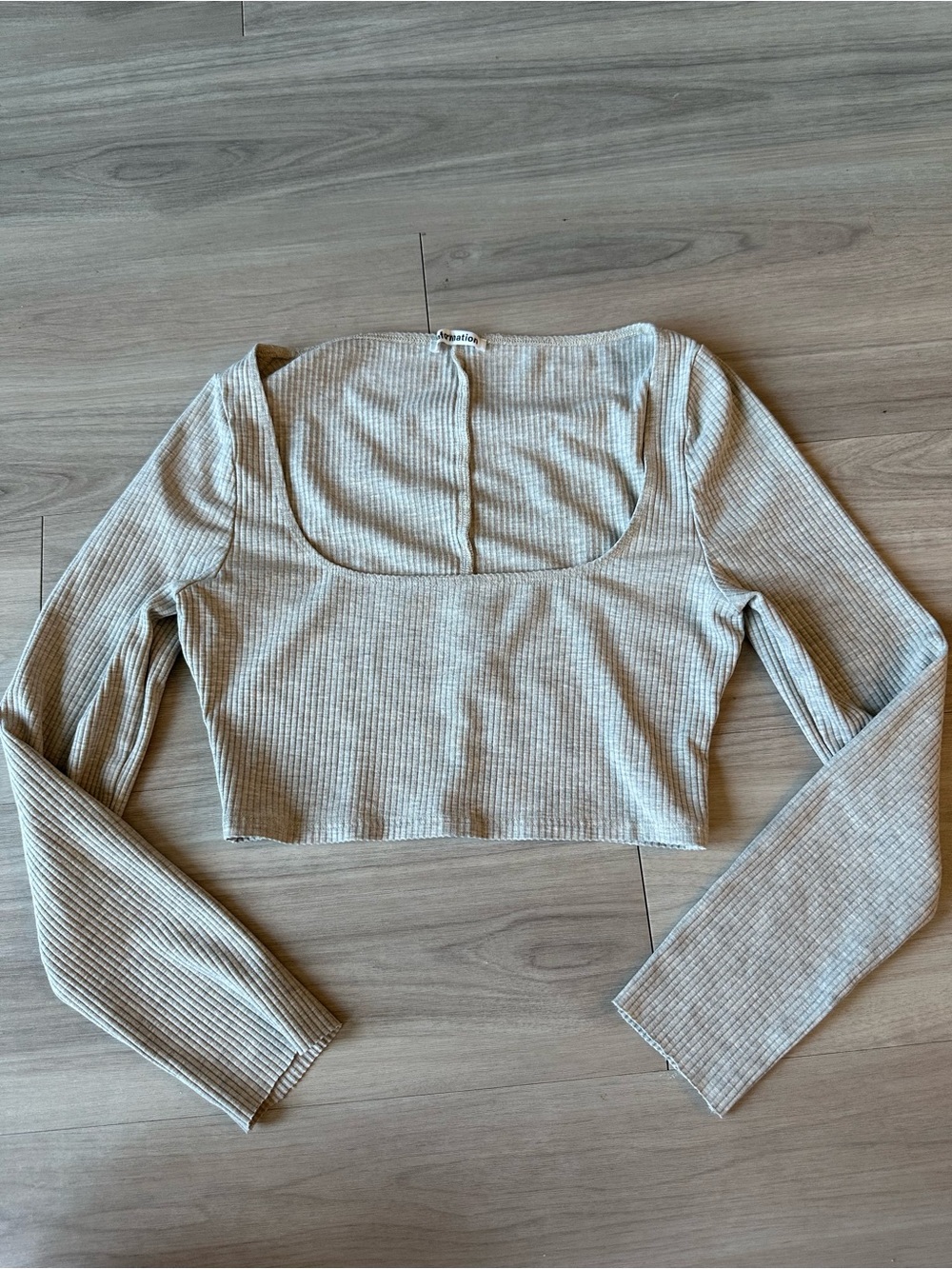 Reformation Ribbed Square-Neck Long Sleeve Crop Top - Light Beige Size XS Womens